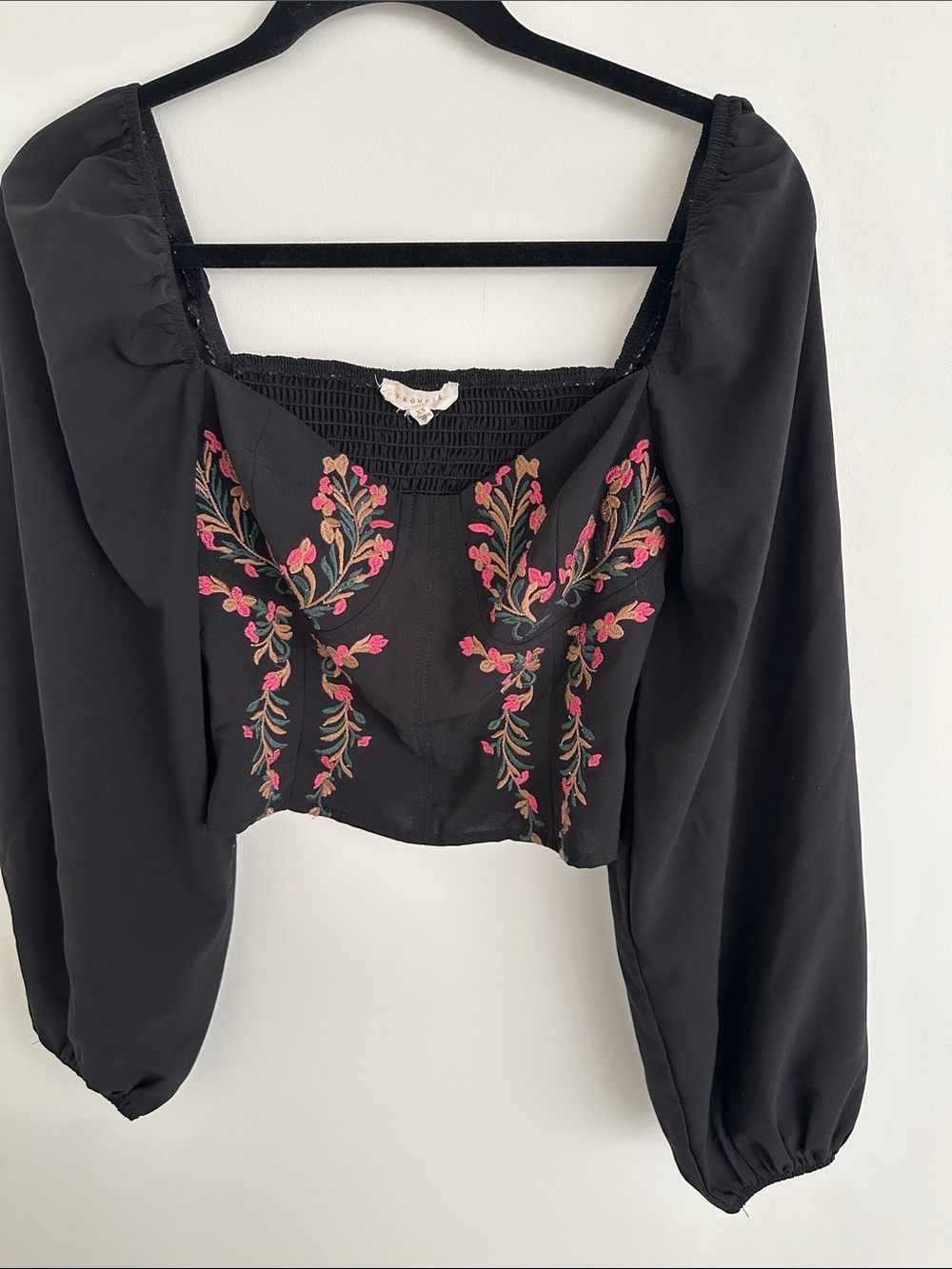 Promesa Black Cropped Puff Sleeve Top with Pink & Green Floral Embroidery